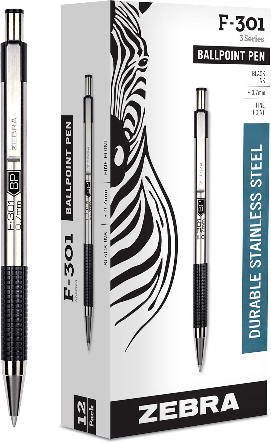Zebra Pen F-301 Ballpoint Fine Point 0.7mm Stainless Steel Retractable Ballpoint 12-Pack – Easy-Glide Ink, Non-Slip Grip, Metal Clip, Refillable with F-Refill, Professional Design (27110)