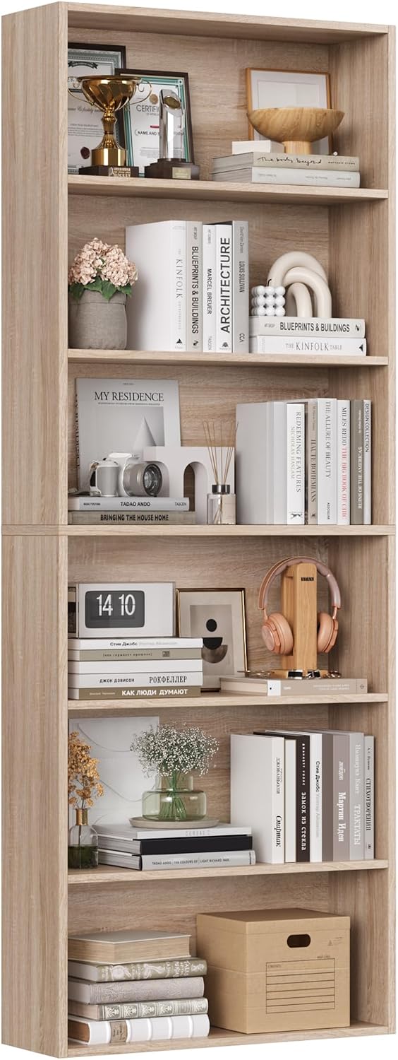 FirFurd Bookcase 6 Tiers Bookshelf Oak Tall Bookcase with Open Storage