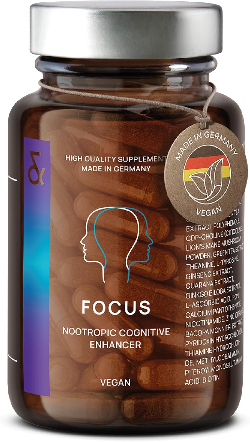 N°4 Focus - Nootropics Brain Supplement - with Lions Mane, Ginseng and Ginkgo Biloba, Bacopa Monnieri, CDP Choline, Vitamin B Complex - Cognitive Enhancer for Concentration & Memory - 60 Capsules