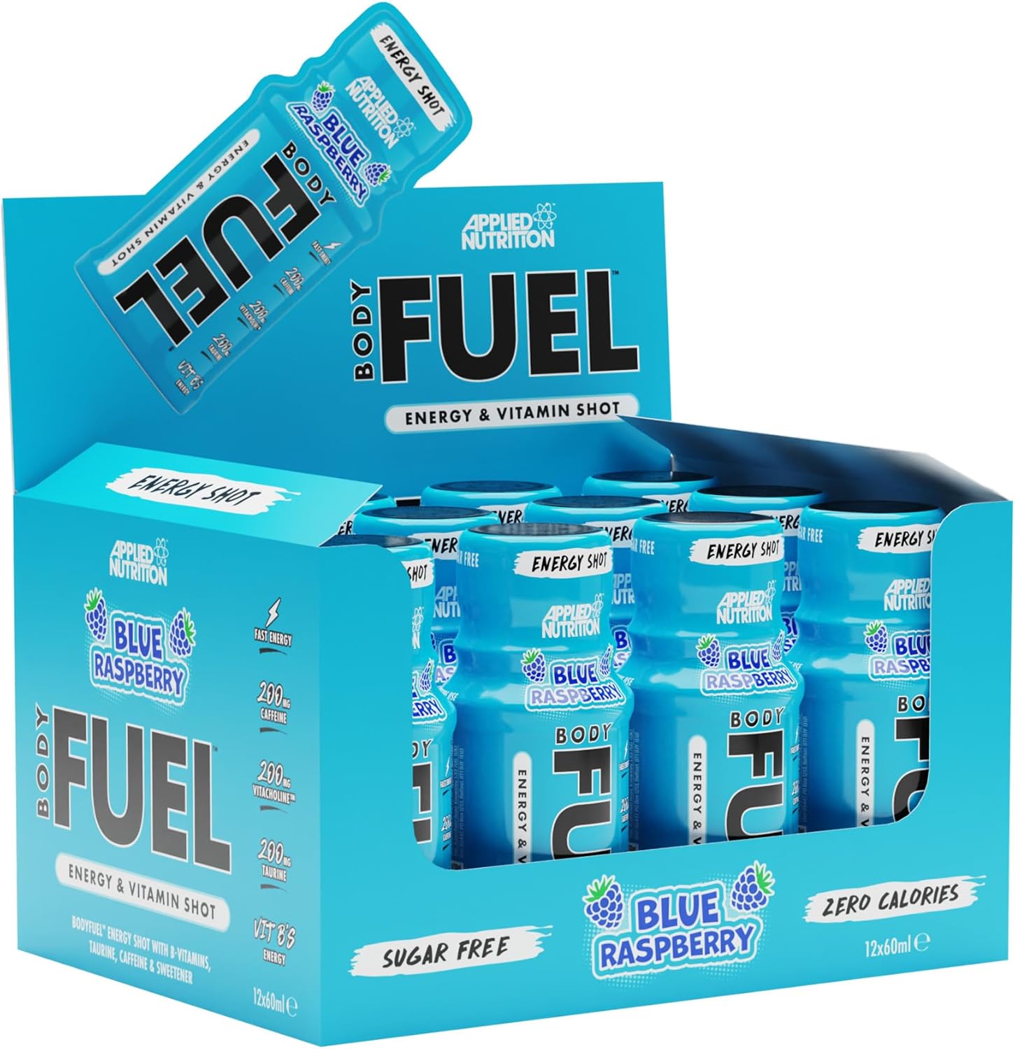 Applied Nutrition BodyFuel Energy Shot - Body Fuel Prime Energy Shot, Physical Performance with B-Vitamins, Taurine, Caffeine, Sugar Free, Zero Calories (Box 12 Units x 60ml) (Blue Raspberry)