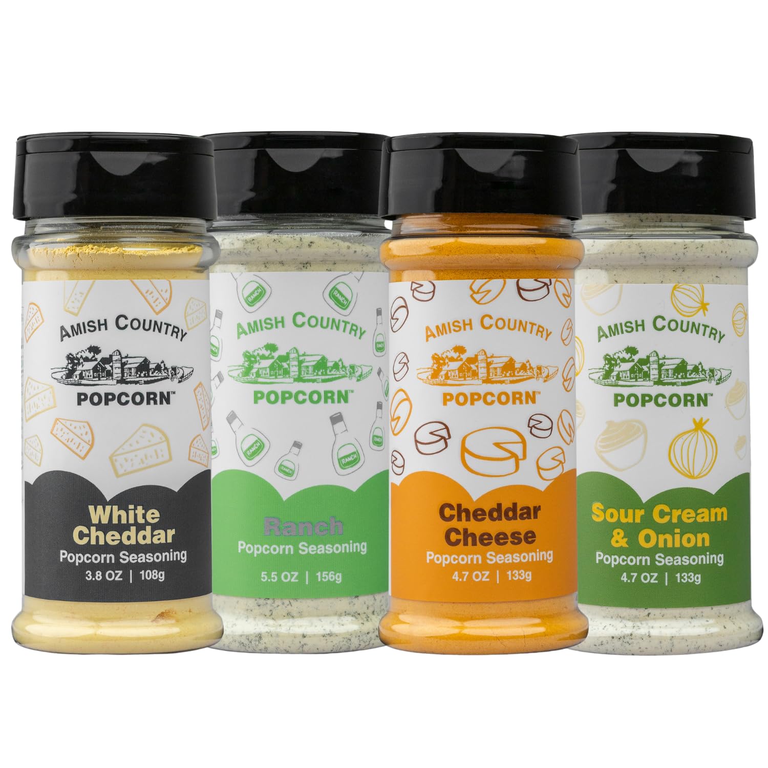 Amish Country Popcorn | Seasoning Variety Pack | 4 Bottles | White Cheddar - Cheddar Cheese - Sour Cream & Onion -Ranch | Nut Free | Old Fashioned, Non-GMO