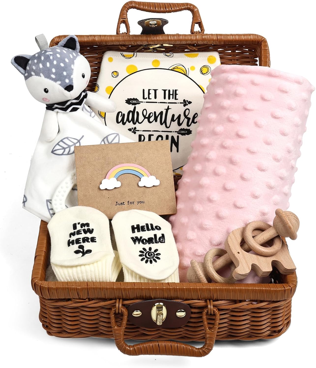 Newborn Baby Gifts Set, New Born Baby Gift for Boys and Girls, 7 in 1 Set - A Baby Blanket, Lovey Security Blanket, Bib, Wooden Rattle Toy, New Baby Gifts Basket Rose Pink