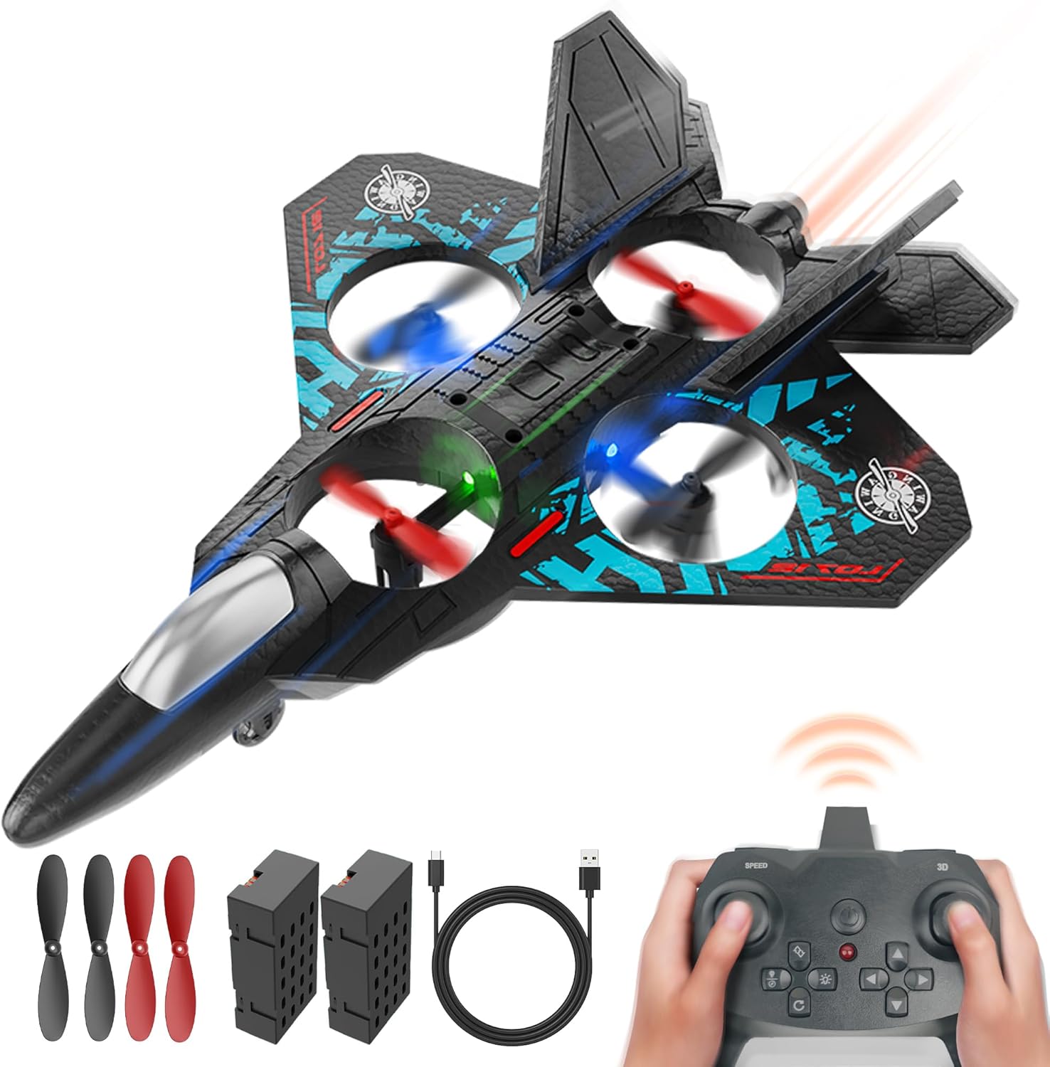BEZGAR Remote Control Plane RC Airplanes, 2.4GHZ 6-axis Gyro RC Aircraft Toys for Adult Kids Beginners with 360° Flip/Colorful LED Navigation Lights/2 Batteries, Blue