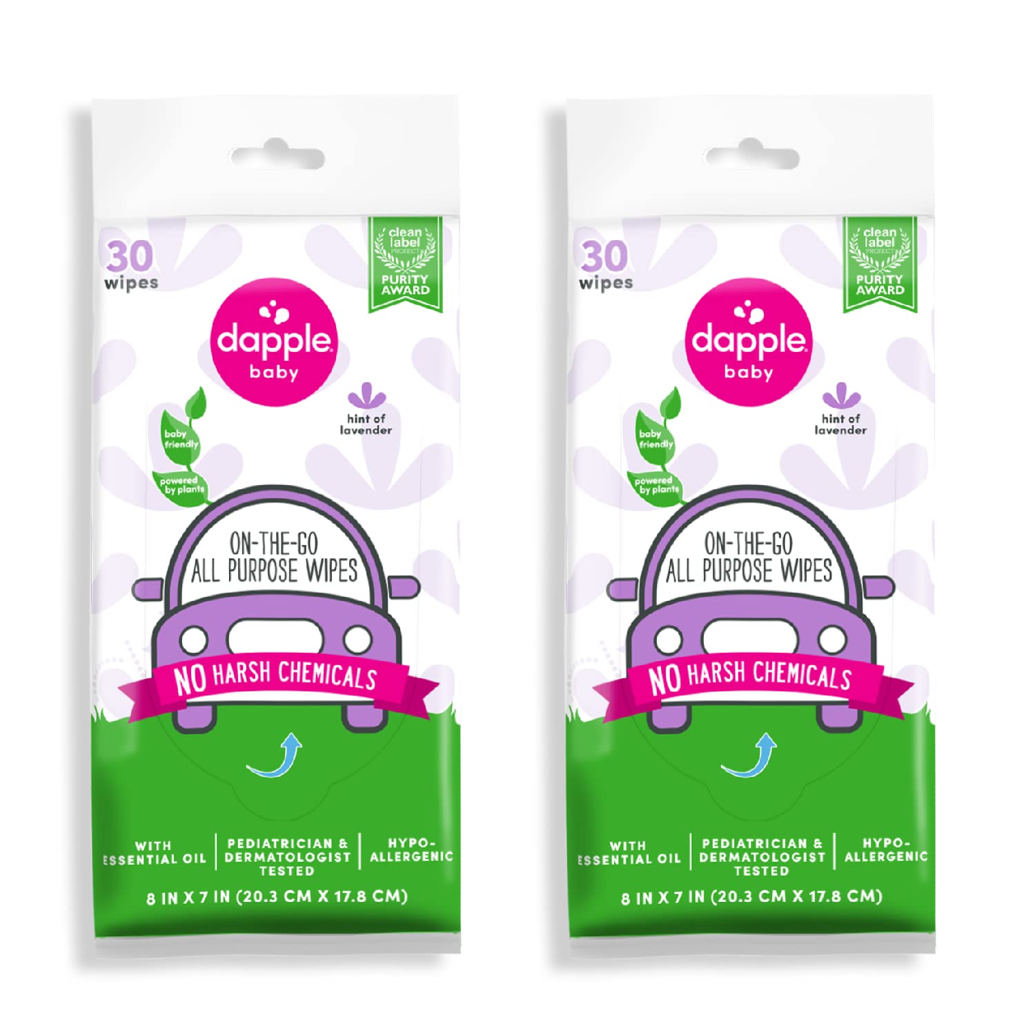 Dapple Baby All Purpose Wipes, Hypoallergenic & Powered by Plants Cleaning Wipes, Hint of Lavender, 30 Count (Pack of 2)