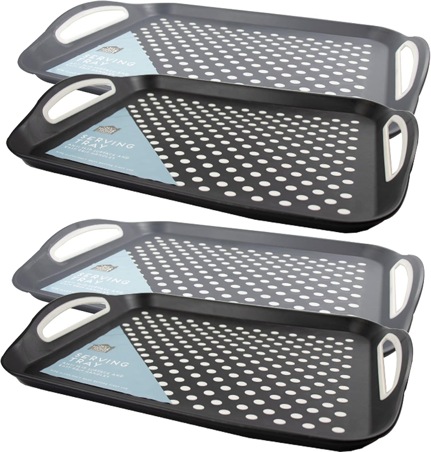 4 x Anti-Slip Plastic Party New Drinks Serving Kitchen Trays Grip Rubber Handles Surface, Dinner Non Slip Tray, Top Bottom Home Garden Office Cooking Dining Coffee Tea Black Grey White By SO