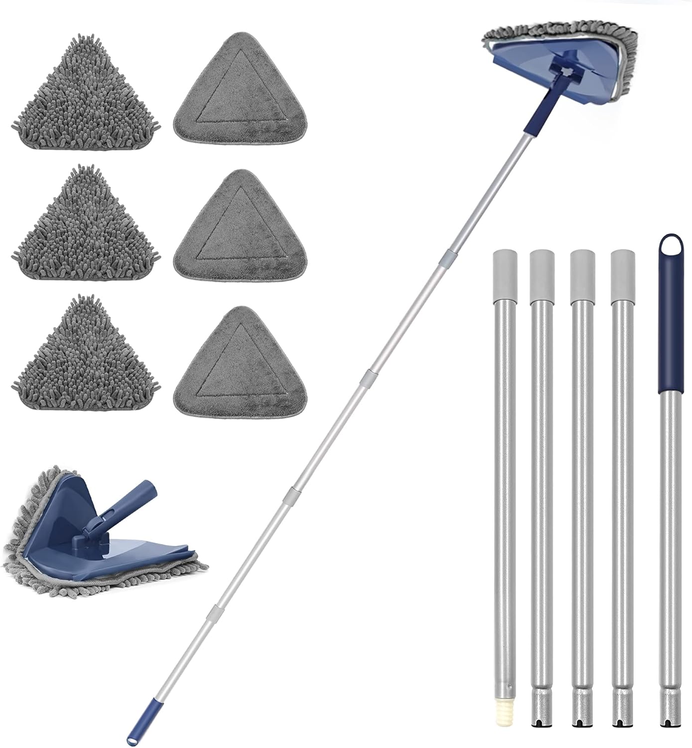 JEHONN Wall Cleaner Mop with Long Handle 82 Inches, 3-in-1 Ceiling Cleaning Tool Duster with 6 Replacement Microfiber Chenille Pads for Painted Walls, Window, Floor, Baseboard