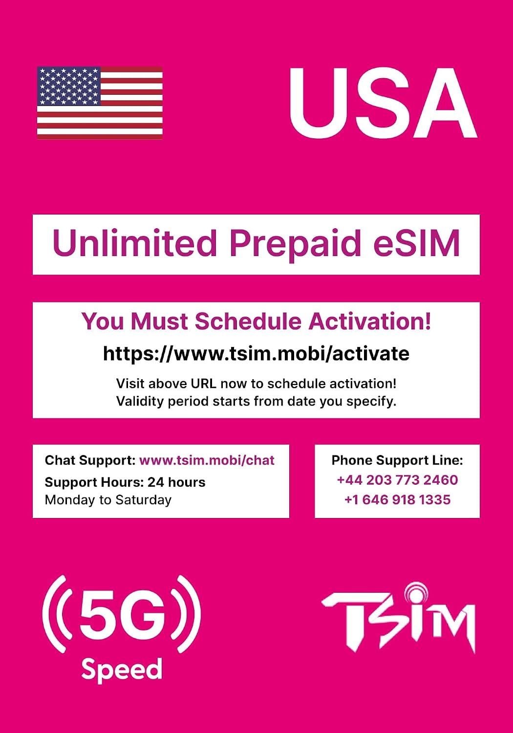 USA eSIM 10 Days. T-Mobile Network with Unlimited High Speed Data, Local Calls and Texts in USA (Hawaii Included). Get eSIM Same Day via Email and Start Using! No Need to Wait for Package!