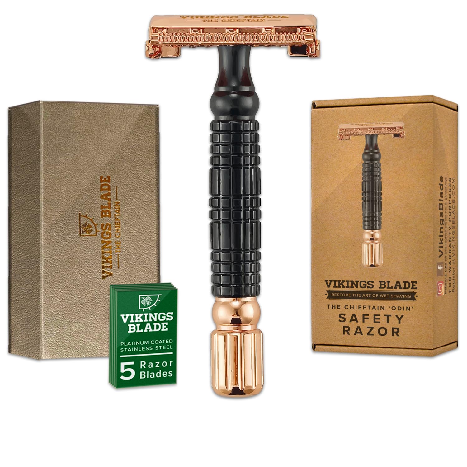 VIKINGS BLADE Double Edge Safety Razor for Men + 5 Swedish Steel Blades + Luxury Case. Smooth, Reusable, Eco-Friendly (Chieftain “Odin”)