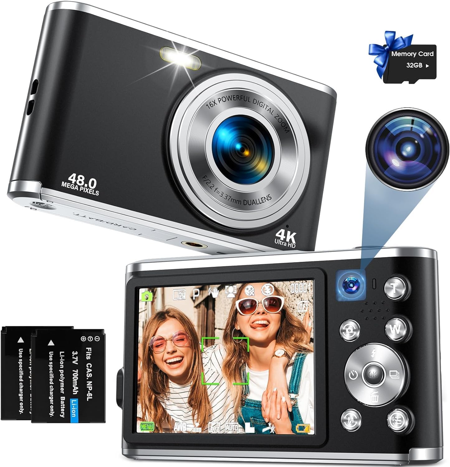 YOODEE Digital Camera, AutoFocus 4K Vlogging Camera with Dual Camera 48MP 16X Digital Zoom Kids Compact Camera with 32GB Memory Card Portable Point and Shoot Cameras for Teens Beginner (Black)