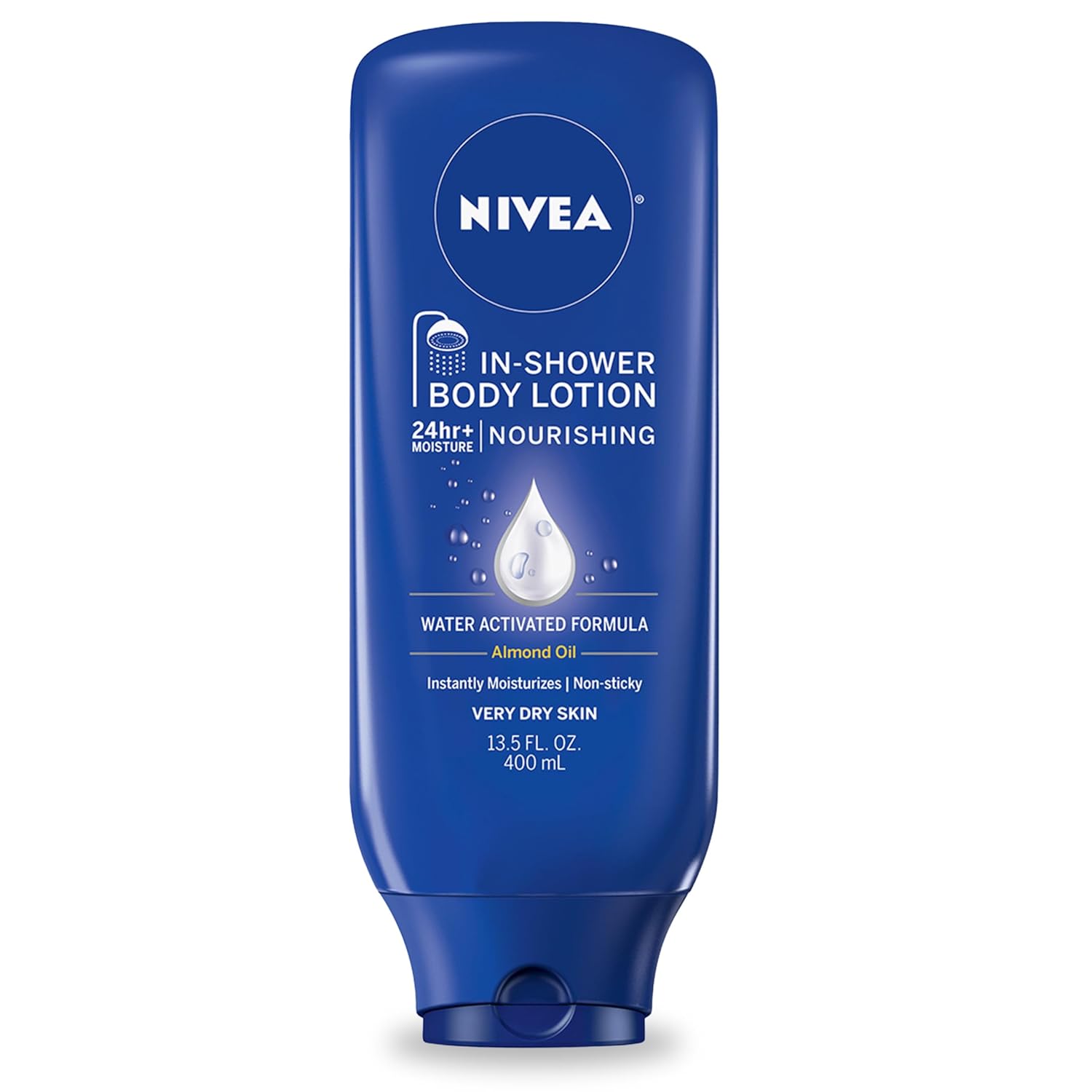 NIVEA Nourishing In Shower Lotion, Water-Activated Body Lotion Enriched with Almond Oil, Instant 24-Hour Moisture, 13.5 Fl Oz Bottle