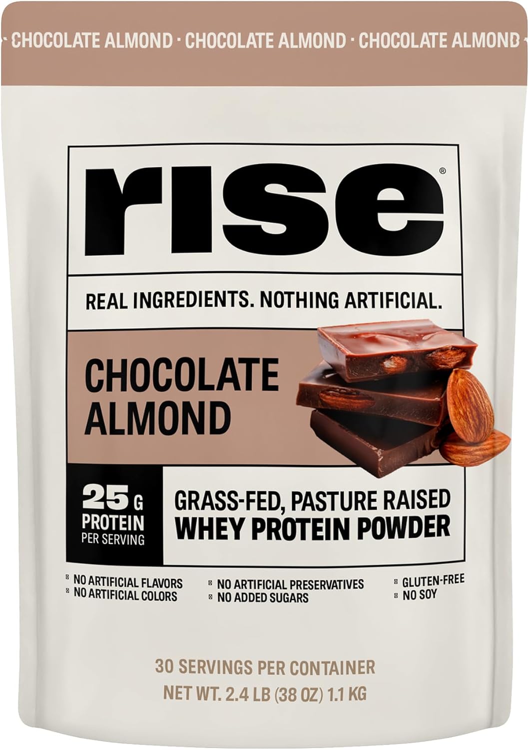 Rise Whey Protein Powder - Chocolate Almond | 25g Protein No Artificial Flavors, Colors, or Preservatives - Sugar Free, Gluten-Free, Soy Free (2.4 lbs)