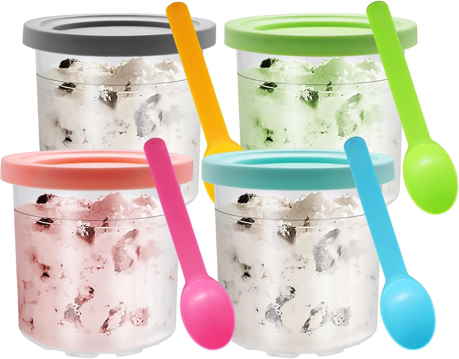 Viceda Ice Cream Pints Cups Set, 4 Pack 16oz Replacement Tubs Fit for Ninja Creami Deluxe Tubs (NC300, NC301, NC299AMZ), Dishwasher Safe, with 4 Colored Lids & Spoons