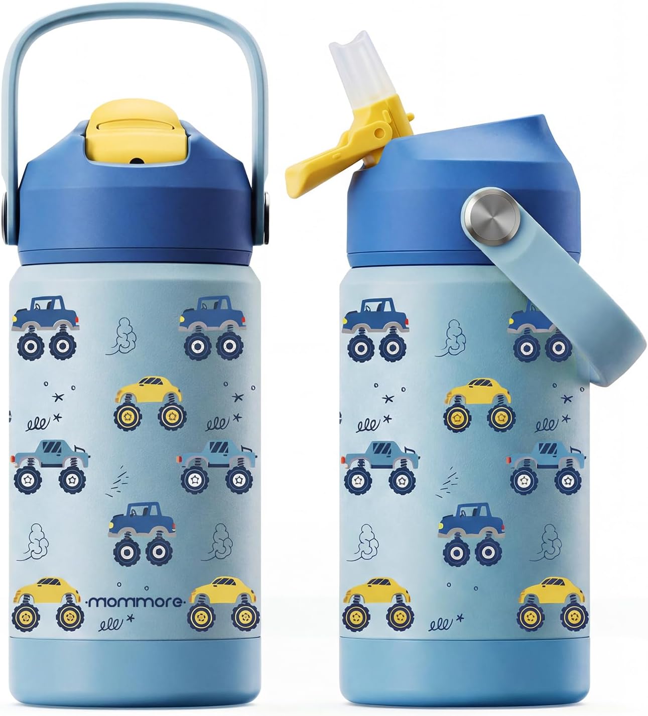 Mommore 12oz Kids Insulated Water Bottle with Straw Lid, Car | Vacuum insulated stainless steel small thermos with straw lid & soft rubber handle, leakproof design for school boys & girls