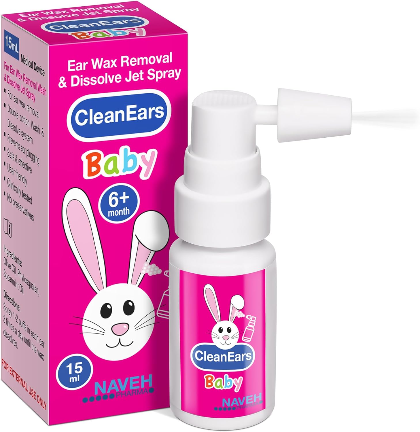 NAVEH PHARMA CleanEars Baby | Fast-Acting Ear Wax Removal Spray | Breaks Down & Dissolves Earwax in Just 1 Treatment | Clinically Proven to Be 300% More Effective | Mineral Oil, Gentle & Safe | 0.5 OZ