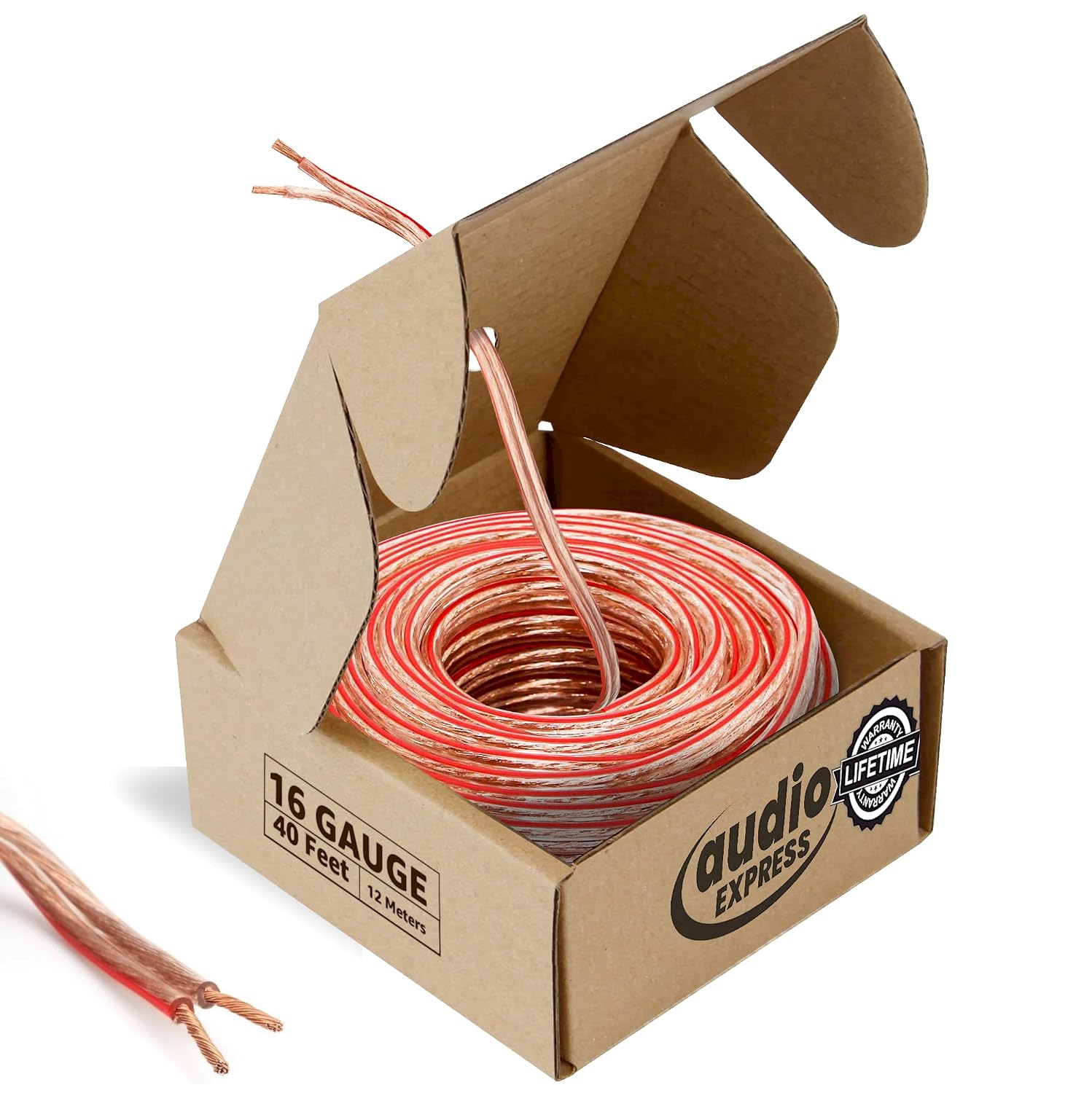 40ft 16-Gauge Stereo Speaker Wire, 12.19m, 2 Conductor, Polarity Marked, Clear PVC, CCA, Coil in Box, HiFi, Home Theater, HiFi, Surround, Car Audio, 74 High Strand Count (.15 OD)