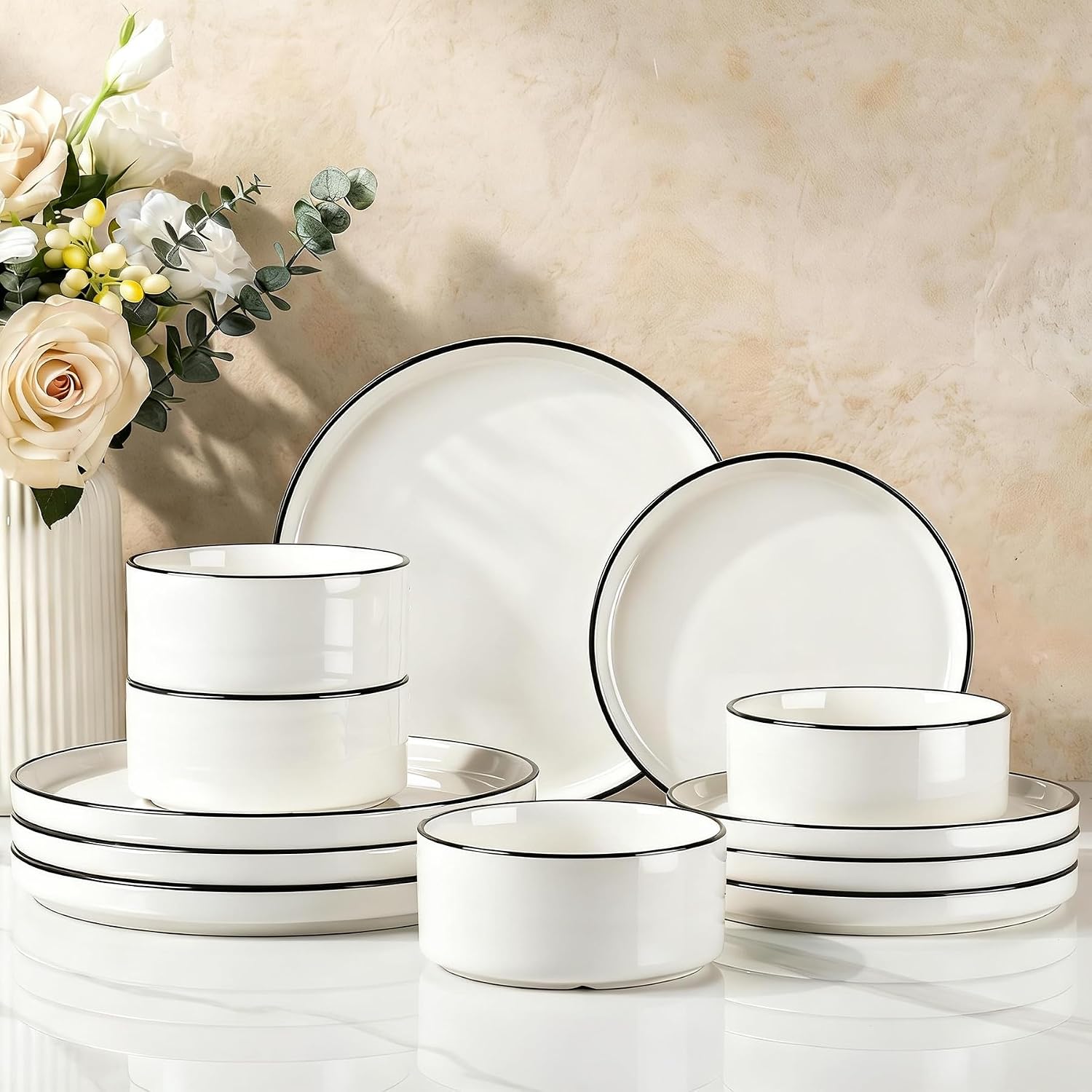 Richmount Dinner Set for 4, 12 Pieces Modern Porcelain Plates and Bowls Set, Dinnerware Sets Chip Resistant, Microwave & Dishwasher Safe, Ceramic Dish Set Service for 4, White with Black Trim