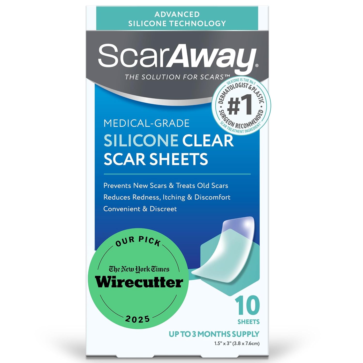 ScarAway Advanced Clear Silicone Scar Sheets, Medical Grade Silicone Strips (1.5" x 3") Scar Treatment and Prevention for Surgical, Burn, Body, Hypertrophic & Keloid Scar Treatment, 10 Clear Sheets | Treat & Prevent Hypertrophic & Keloid Scars from Injury, Burns & Surgery, Water Resistant Strips, Clinically Shown