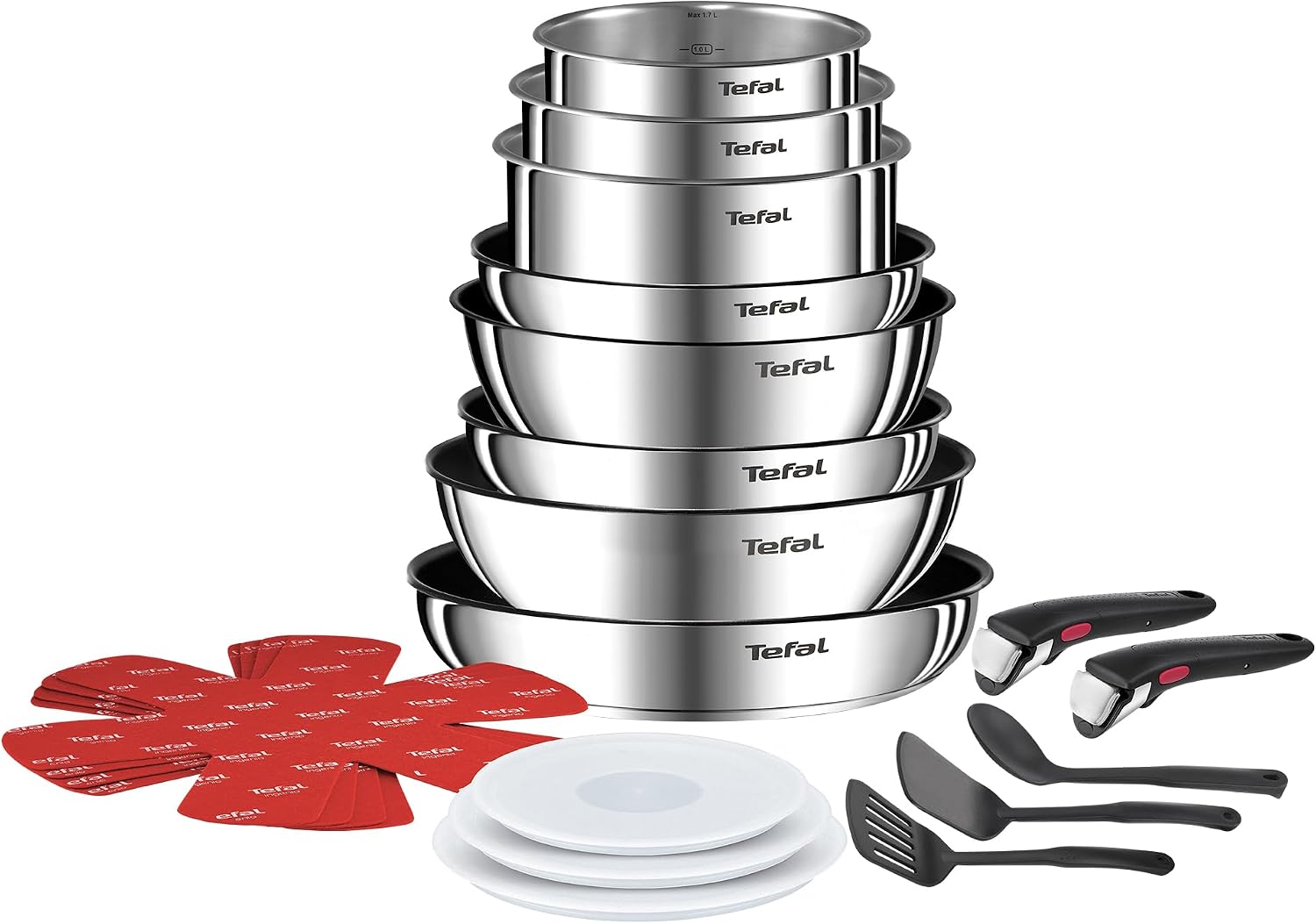 Tefal Ingenio Detachable Handle Pan 20pcs, Stainless Steel, Compact, Compatible with All hobs Induction & Oven, 2-in-1 Pans and bakeware Set, Stackable cookware Set Ideal for Small Kitchen storages