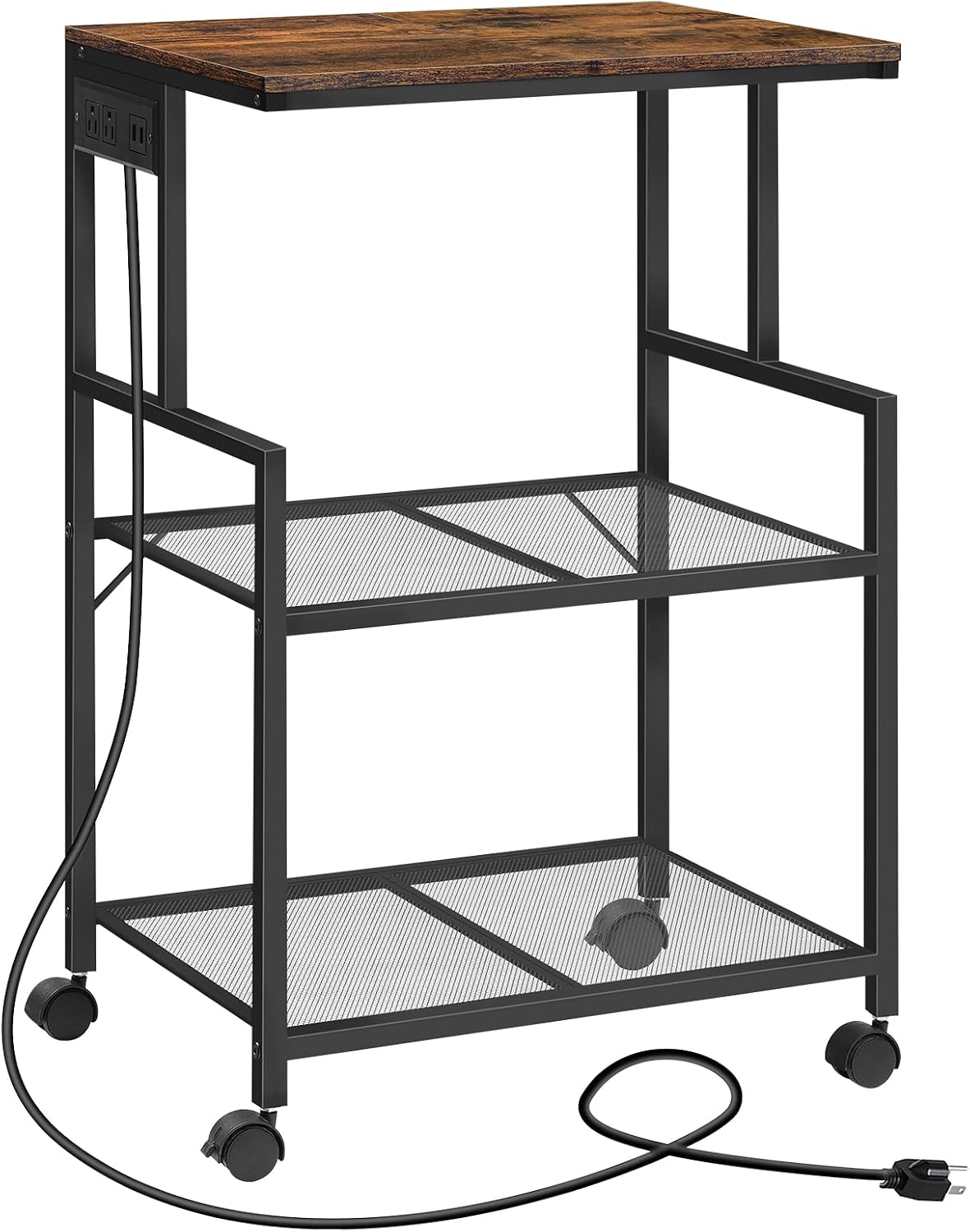 MAHANCRIS Mobile Printer Stand, 3-Tier Industrial Printer Cart with Power Outlets and 2 USB Ports, Rolling Printer Table on Wheels for Home Offices Kitchen Organization Rack, Rustic Brown PTHR78E01