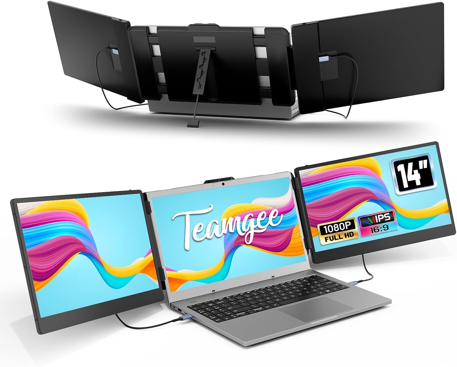 Teamgee Portable Monitor for Laptop, 14" 1080P Full HD IPS Portable Laptop Screen Extender, Triple Screen Work with 13"-17" PC Mac Windows Chrome