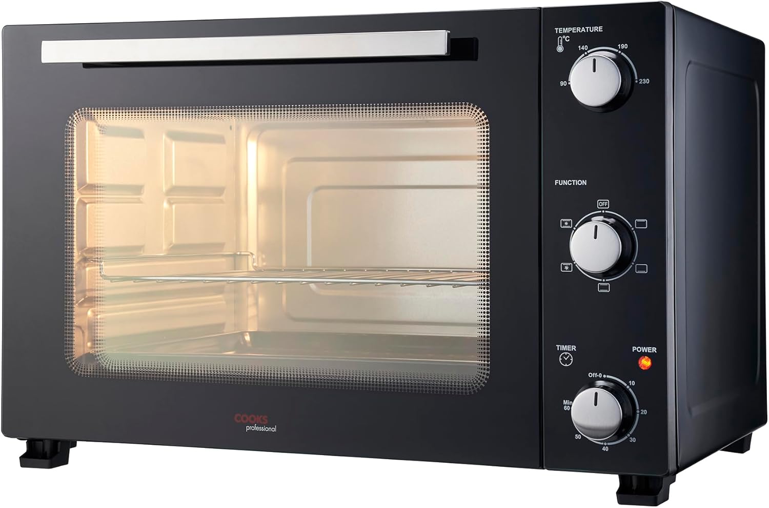 Cooks Professional 48L Mini Oven, Electric Multi Function Countertop Cooker, Adjustable Temperature Control & Timer, Wire Rack & Detachable Handle (48L Black and Silver)