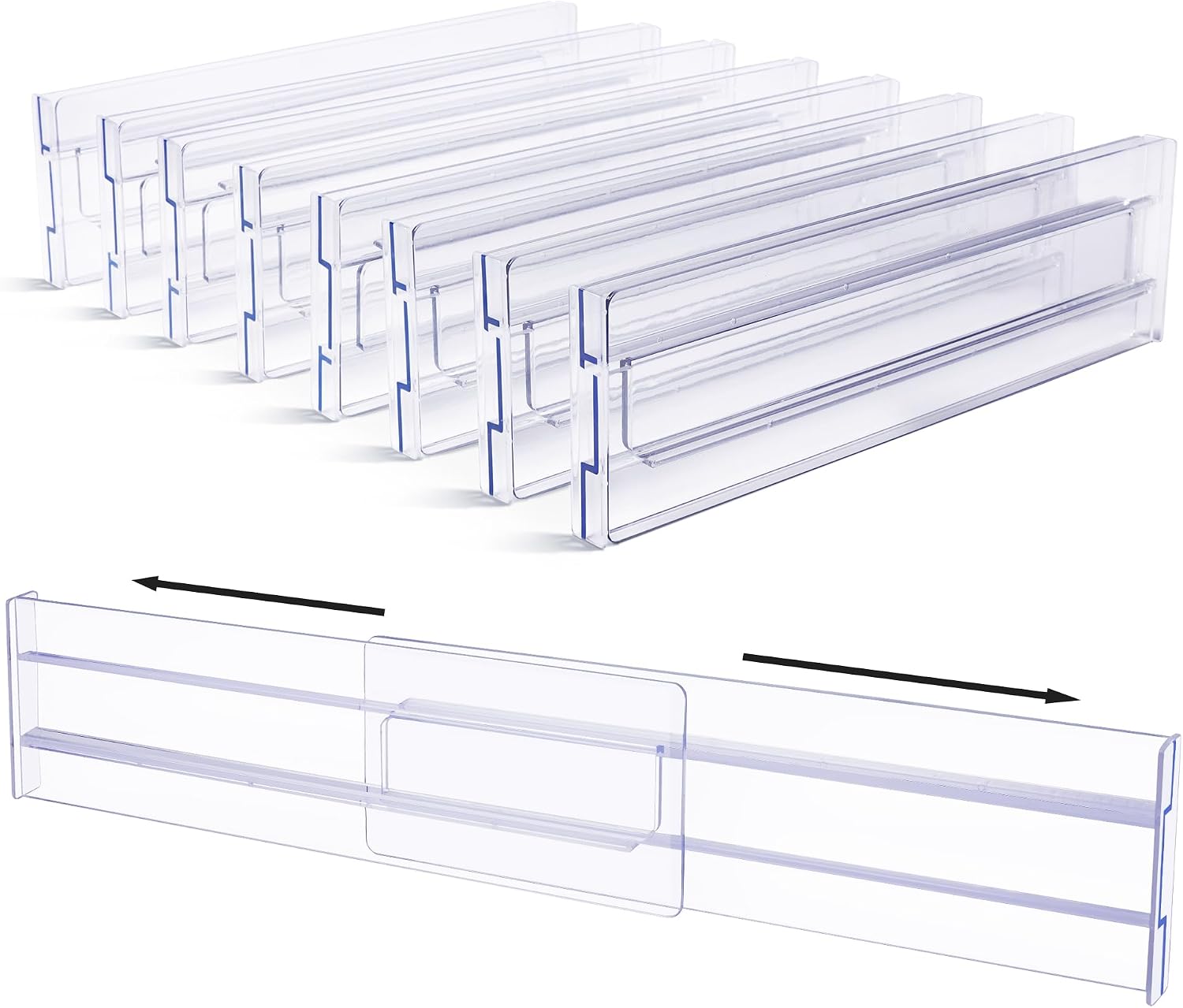 Vtopmart 8 Pack Drawer Dividers, 3.2" High Expandable from 12.2-21.4" Adjustable Drawer Organisers，Clear Plastic Drawers Separators for Clothing, Kitchen Utensils and Office Storage