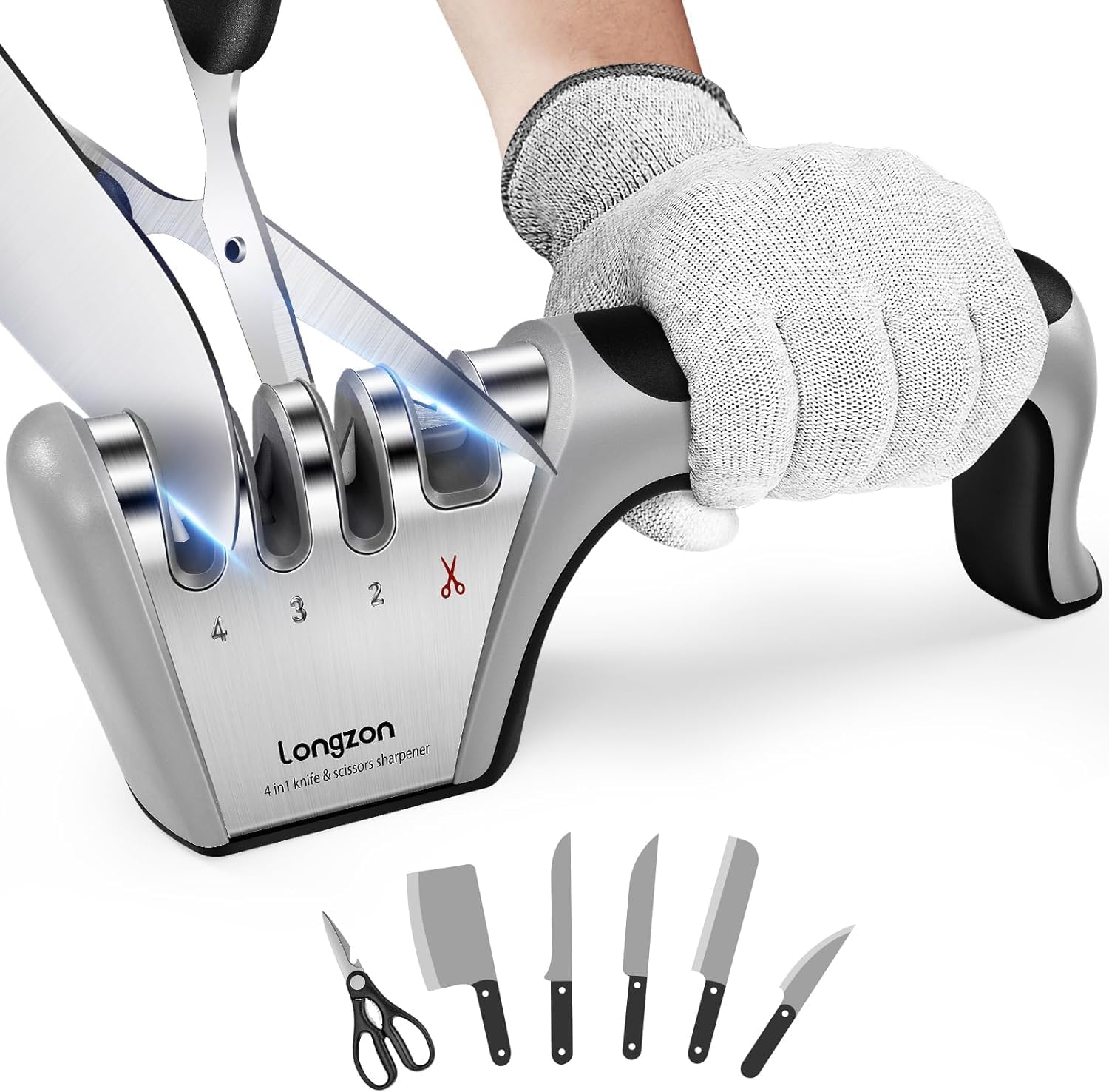 longzon Knife Sharpener, 4 in 1 Kitchen Knife Sharpening 4 Stage Manual Knife Sharperener Tool with Cut Protection Gloves for Sharpening Kitchen Knives ect. - Gray