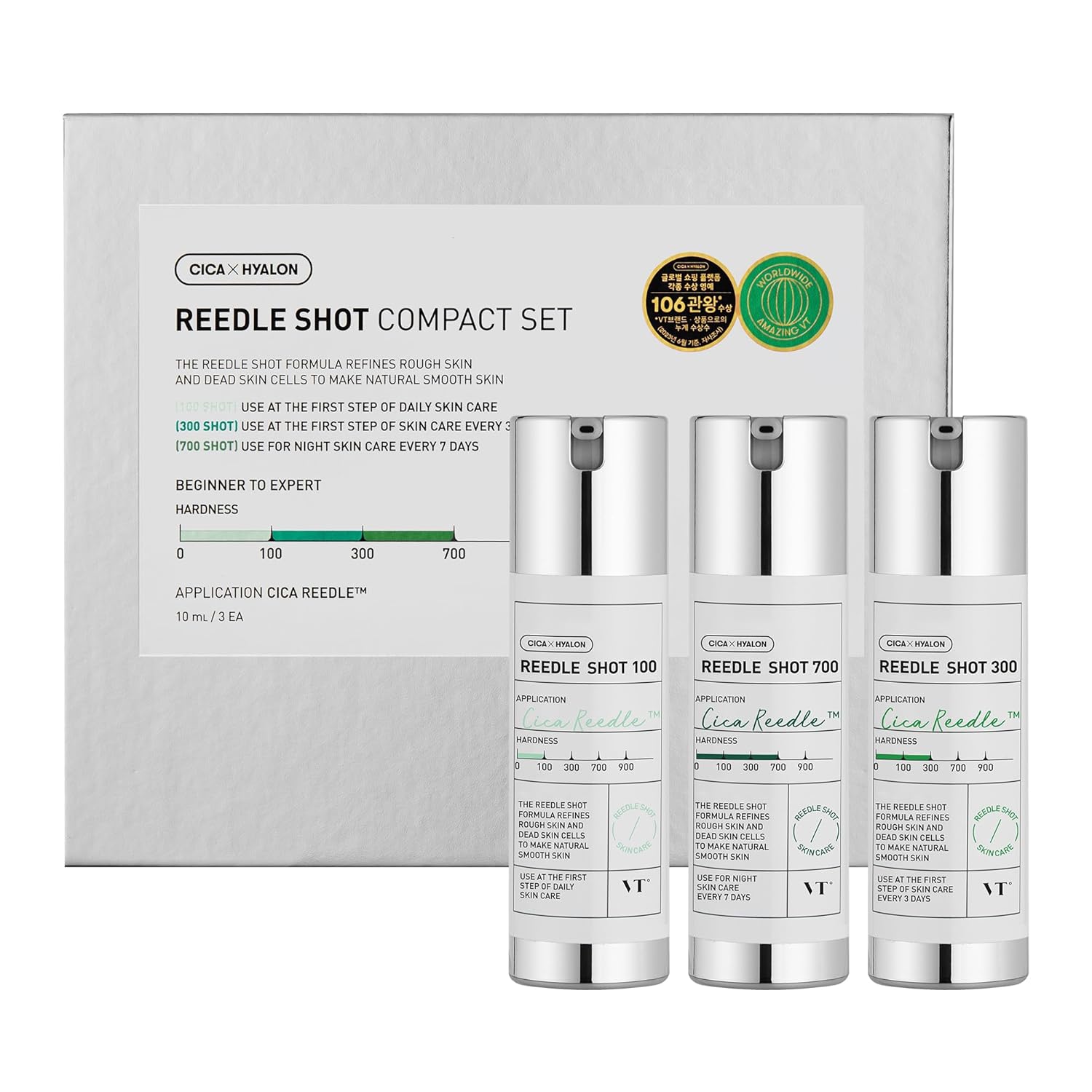 VT COSMETICS Reedle Shot Compact Set, Microneedling Serum Gift Set with Reedle Shot 100, 300, 700, Exfoliating, Anti-Aging, Travel Size Skincare for Women (0.34 oz / 10ml Each)