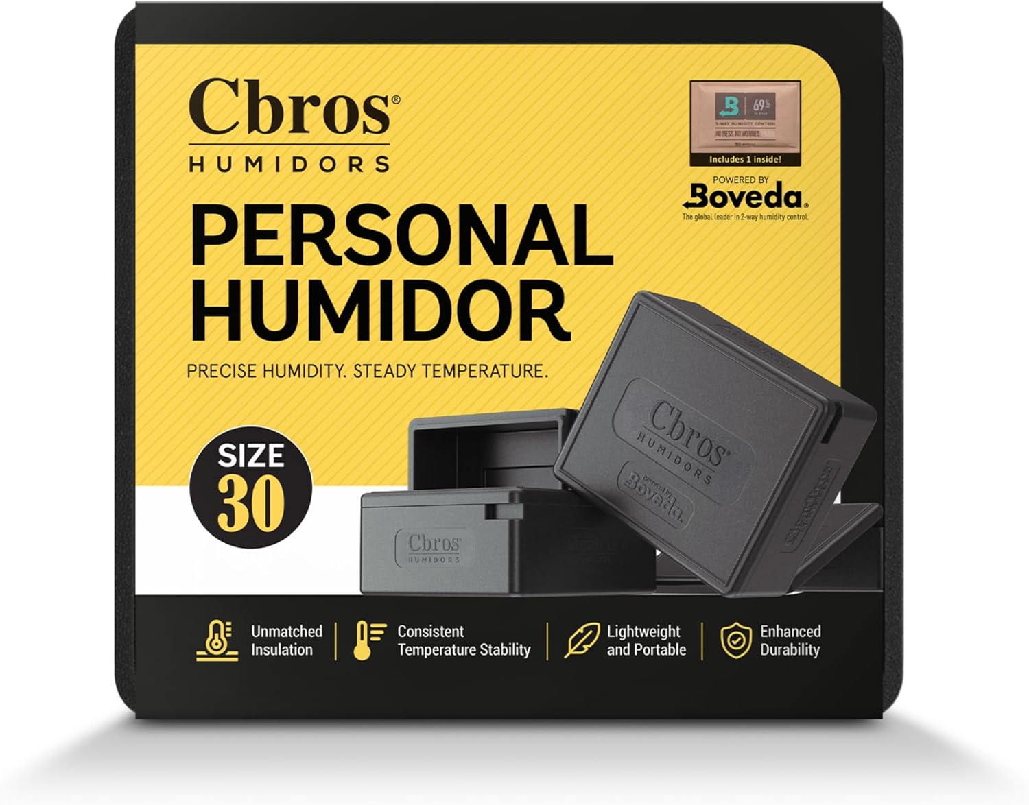 Cbros Humidor 69% Two- Way Humidity Control Box Powered by Boveda, Moisture Absorber, Maintain Freshness and Consistent Temperature Size (Size 30)