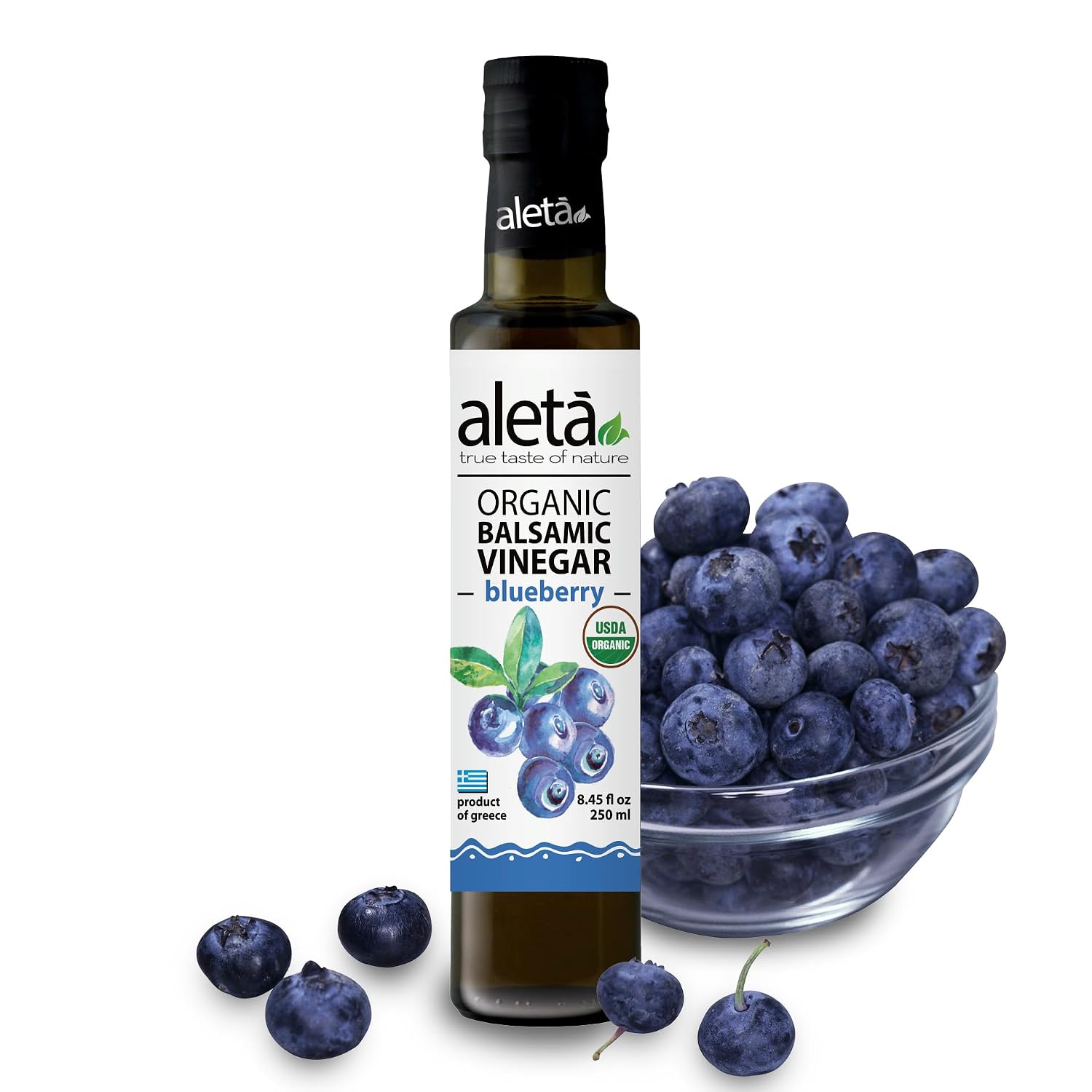 Aleta Farms Balsamic Vinegar, Greek Organic Blueberry Infused Aged Balsamic Vinegar, USDA Organic, Perfect for Salad Dressings, Pasta, Desserts & Cocktails, Glass Bottle, 8.45 fl oz (Blueberry)