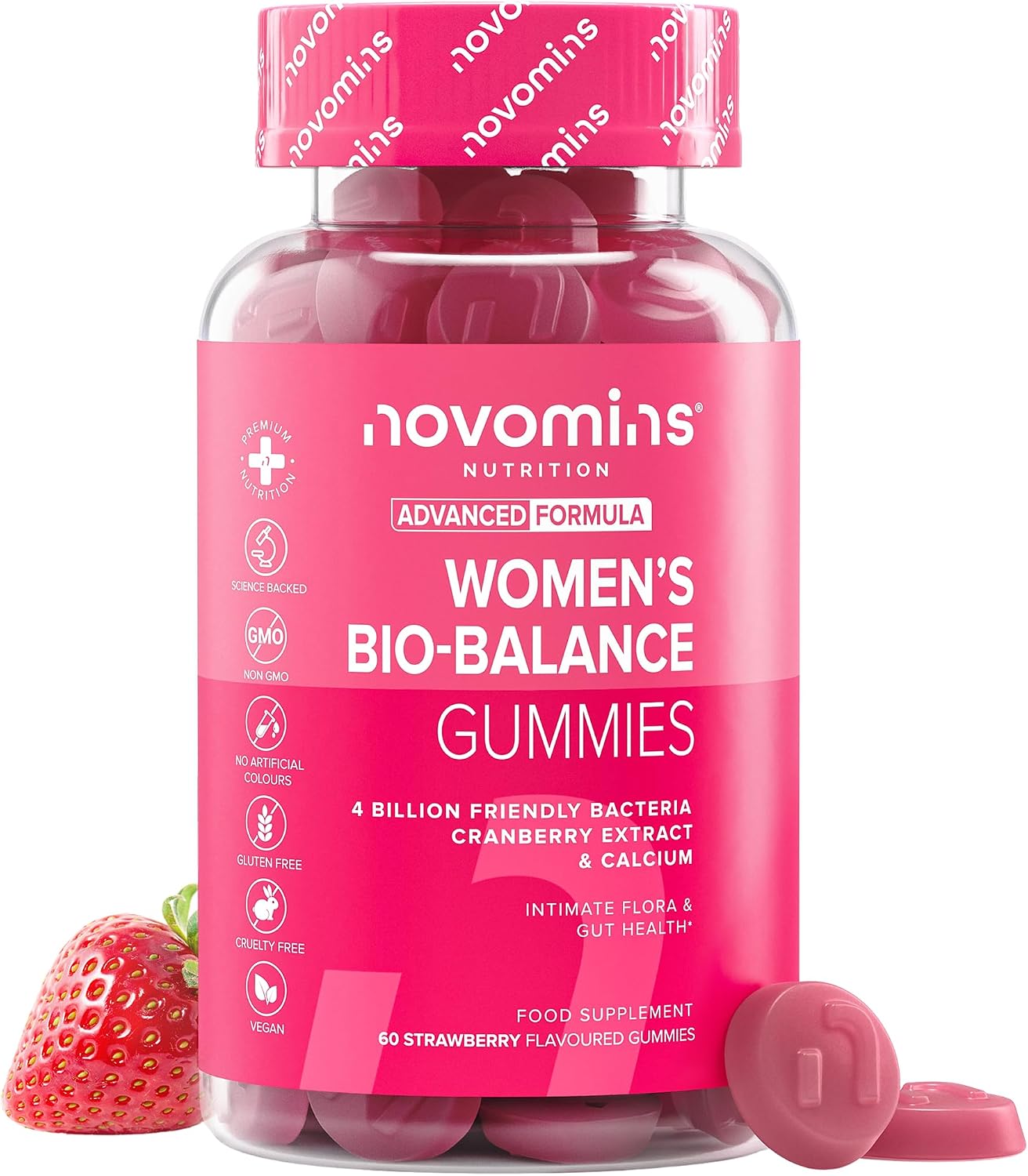 Women’s Bio-Balance Gummies for Intimate Flora and Gut Health – Advanced Multi-Strain Formulation – Vegan Supplement with Calcium & Cranberry Extract - Made by Novomins