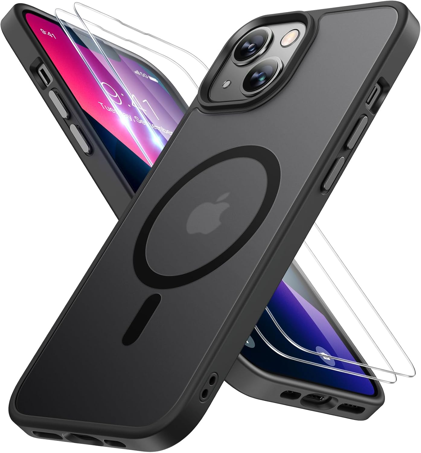 Miracase Magnetic for iPhone 13 Case 6.1 inch (Compatible with MagSafe)（with 2X Screen Protectors） Military-Grade Protection, Anti-Fingerprint Translucent Matte Phone Case Cover, Black