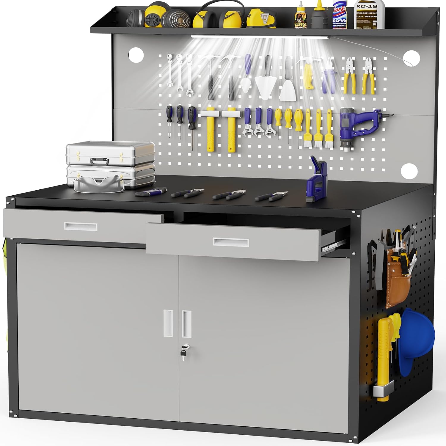 48" Work Bench,Heavy Duty 2000 LBS Capacity Workbench with Drawers and Storage,Work Table with Light & Pegboard,Work Benches for Garage