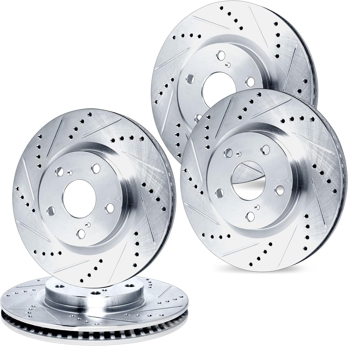 R1 Concepts Brake Rotors fits 2014-2021 Jaguar F-Type; 2016-2019 Jaguar XJ| Drilled and Slotted Silver Disc Brake Rotor Set: 14.0" Front & 13.8" Rear