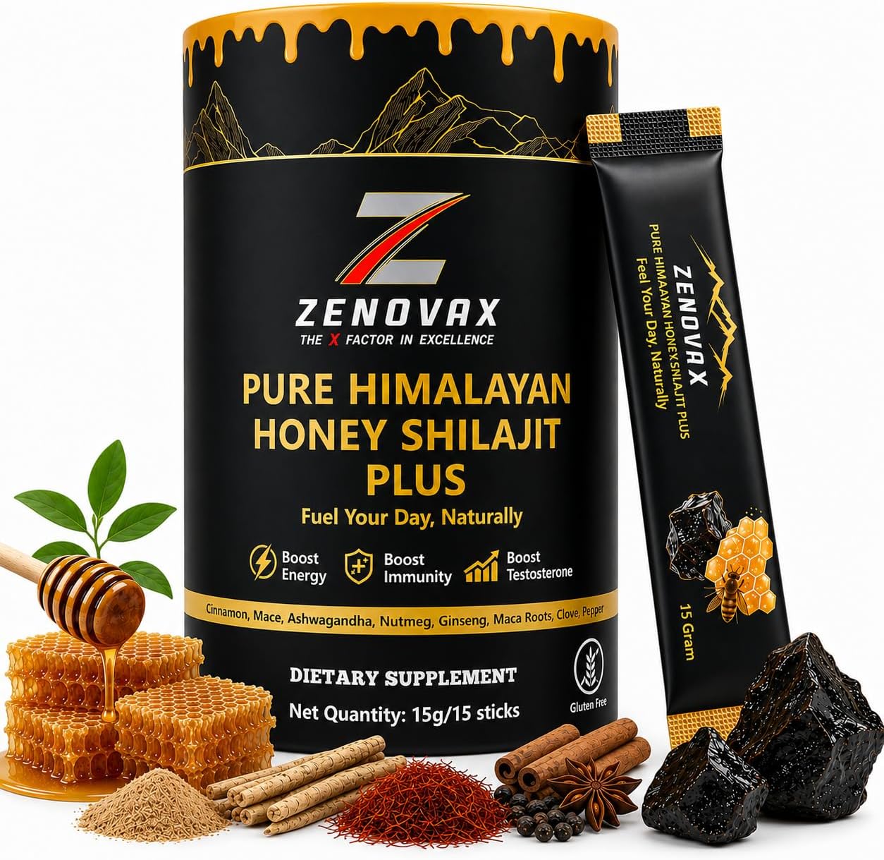 ZENOVA X Himalayan Shilajit Honey Plus with Ashwagandha, Saffron & Ginseng | Gold Grade Pure Shilajit Sticks with Honey | Everyday Energy & Wellness Support | 85+ Trace Minerals | 15 Sticks |30 Days