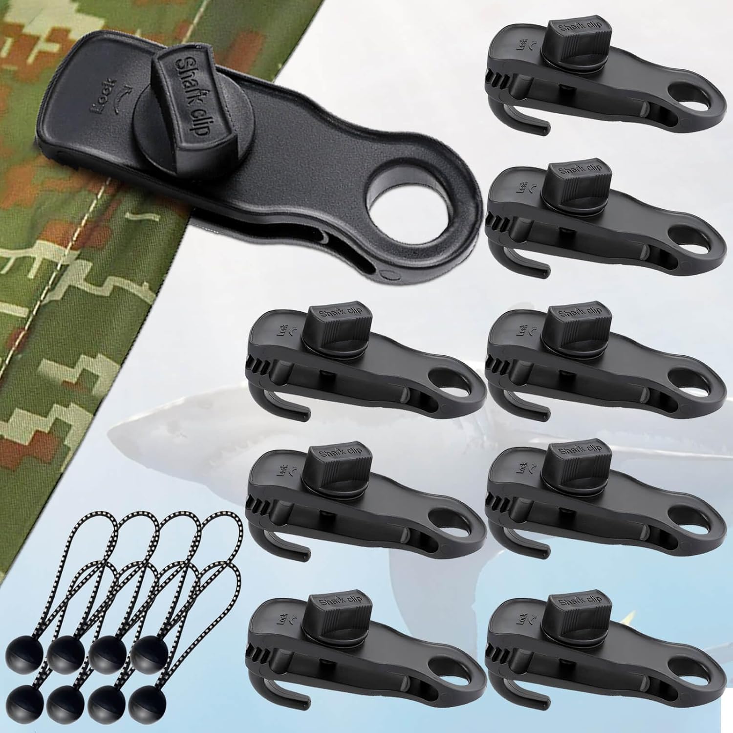 Tarp Clips Clamps Heavy Duty Lock Grip with Bungee Cords, Shark Shade Backdrop Cloth Tent Large Clip with Hook Accessories for Garden Outdoor Pool Tarp Tie Downs Canvas Solar Cover RV Awning