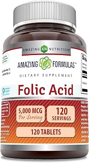 Amazing Formulas Folic Acid (Vitamin B9) Supplement | 5000 Mcg per Serving | 120 Tablets | Non-GMO | Gluten-Free | Made in USA
