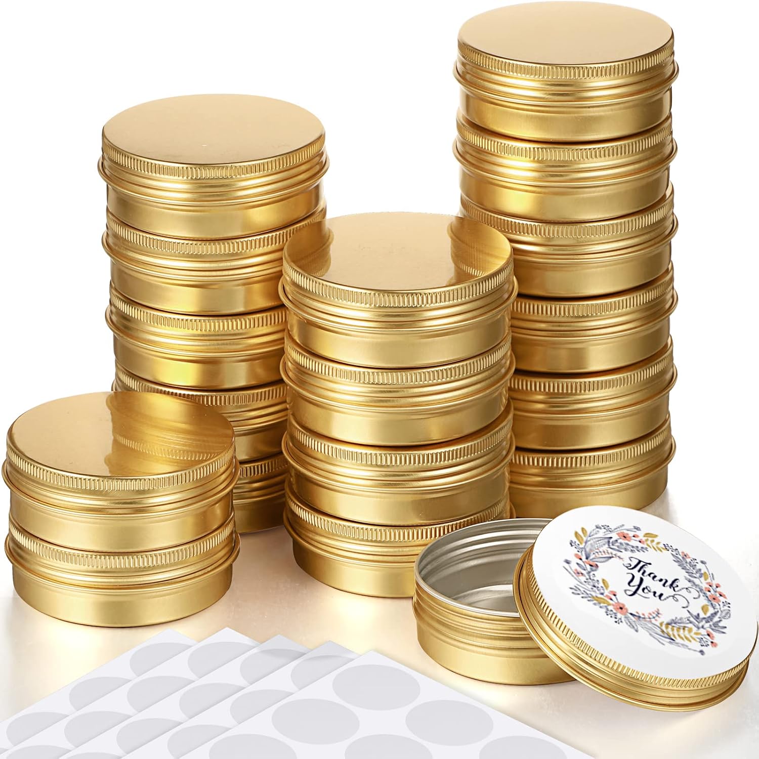 120 Pcs Gold 2 oz Metal Round Tins Salve Tins with Screw Lid Metal Jars Aluminum Cans Containers 20 Sheets Stickers for Wedding Party DIY Gift Candle Making Salve Spice Candies Balms (Aluminum)