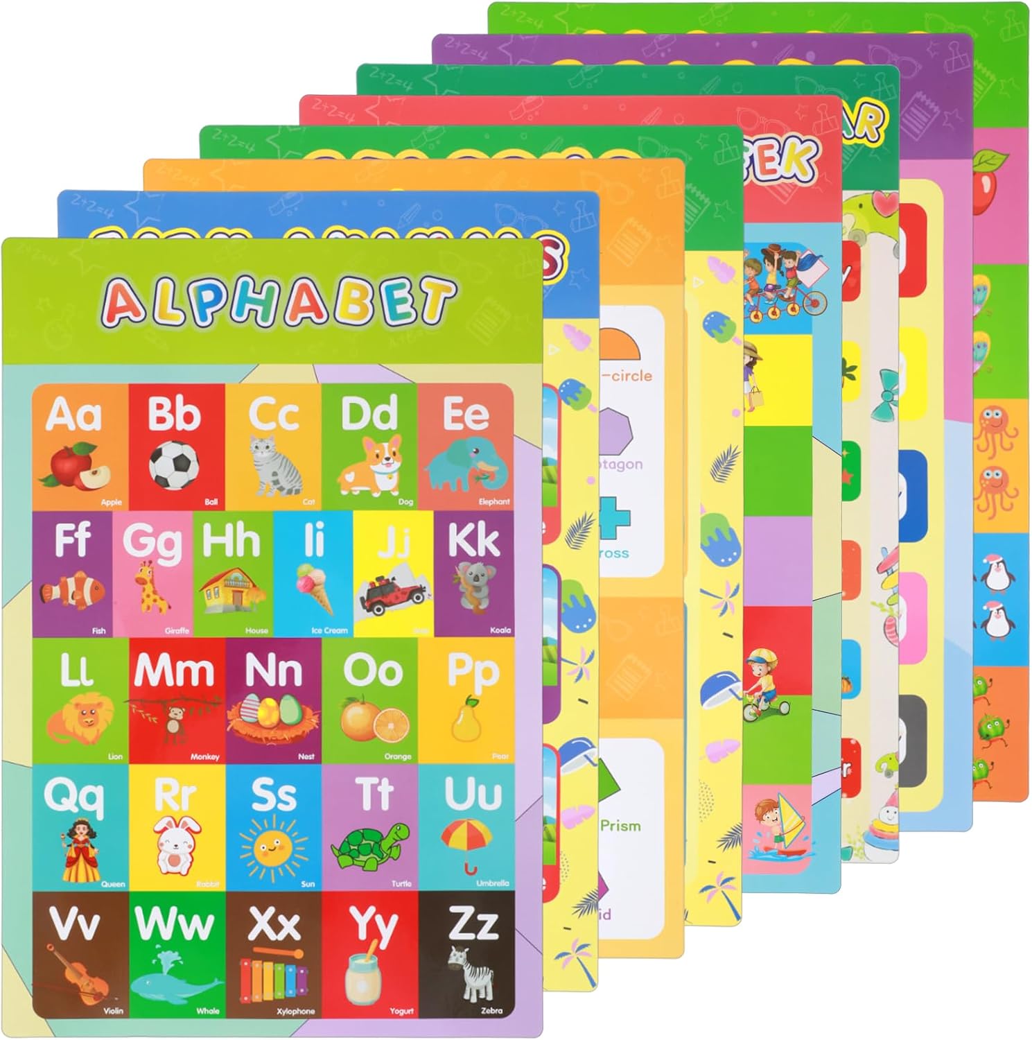 8 Pcs Educational Posters,Preschool Learning Posters with 40 Glue Point Dots,Alphabet Poster for Preschoolers,Poster with Numbers,Months,Colors and More for Classroom Homeschool Supplies(40 x 28 cm)