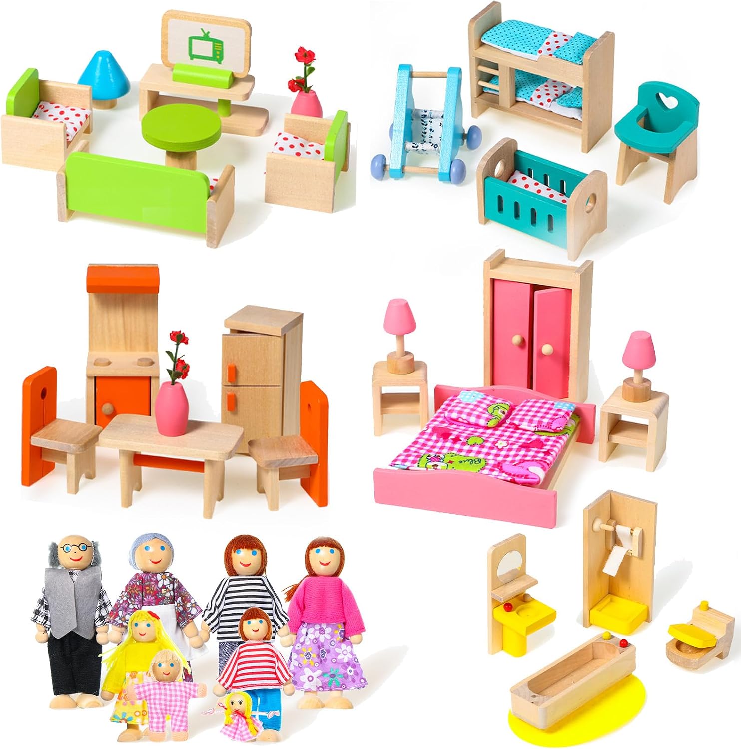 Civaner 52 Pcs Wooden Dollhouse Furniture Set Including 8 Family Dolls Miniature Doll House Accessories 1:12 Scale 5 Space Kits Bathroom Bedroom Living Room Dining Room Kitchen Gift for Christmas