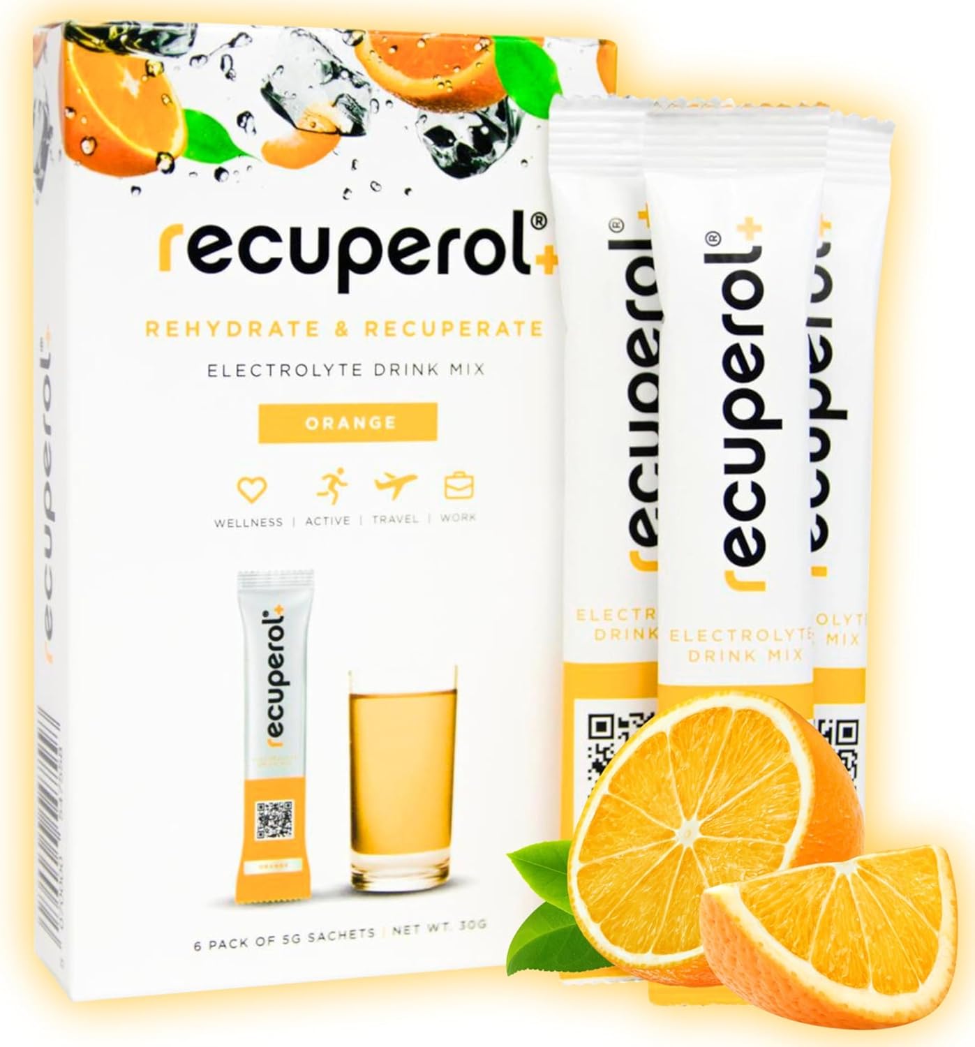 Recuperol Electrolytes Sachets | Electrolytes Powder for Rehydration | 6 Sachets | Sugar-Free Hydration Powder | Zinc, Vitamin C, B12, D3, Potassium | Natural Orange Flavour