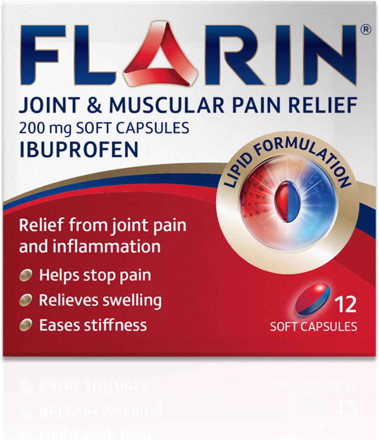 Flarin Joint & Muscular Pain Relief, 200 mg Soft Capsules, Muscle, Rheumatic, Joint and Back Pain Relief, Lipid Ibuprofen, Unique Lipid Formulation, Painkillers, 12 Soft Capsules