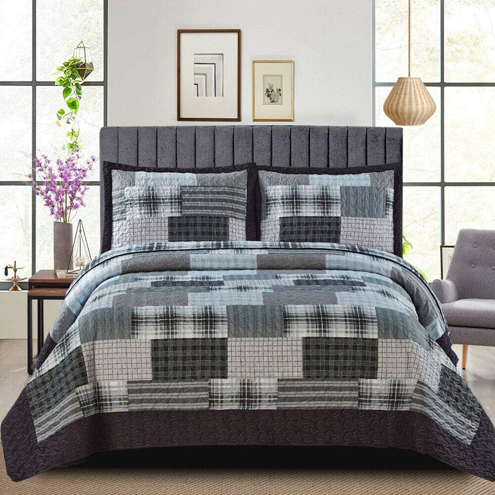 Patchwork Quilt Bedspreads King Size Bedding - 3Piece Box Pattern Thick Cotton Filling Decorative Stitch Blanket Bed Throw With 2 Matching Pillow Cover Set - Denim Grey