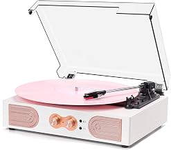 Vinyl Record Player with Built-in Speakers 3-Speed Vintage Record Player Support Treble& Bass Control, 3.5mm Headphone Jack, RCA-Out/Aux in, Belt-Driven LP Turntable,White Rose Gold