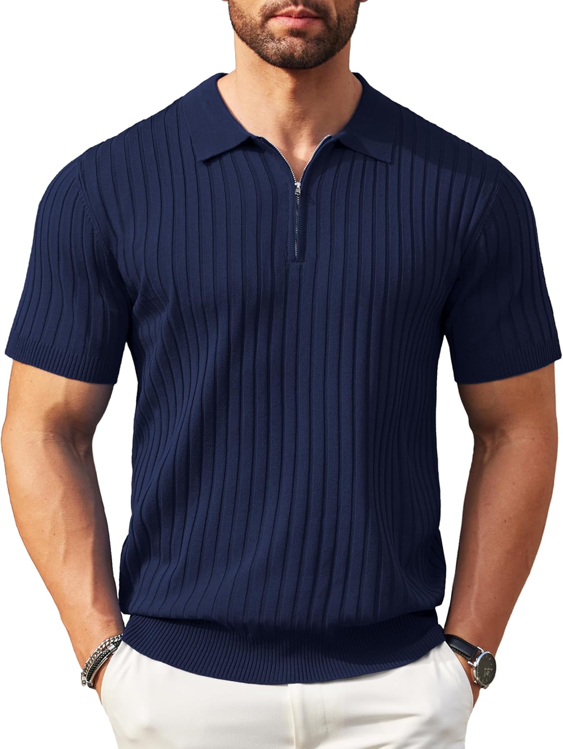 COOFANDY Men's Polos Short Sleeve Zip Knitted Polo Shirts Stretch Golf Vertical Striped Polo T-Shirt