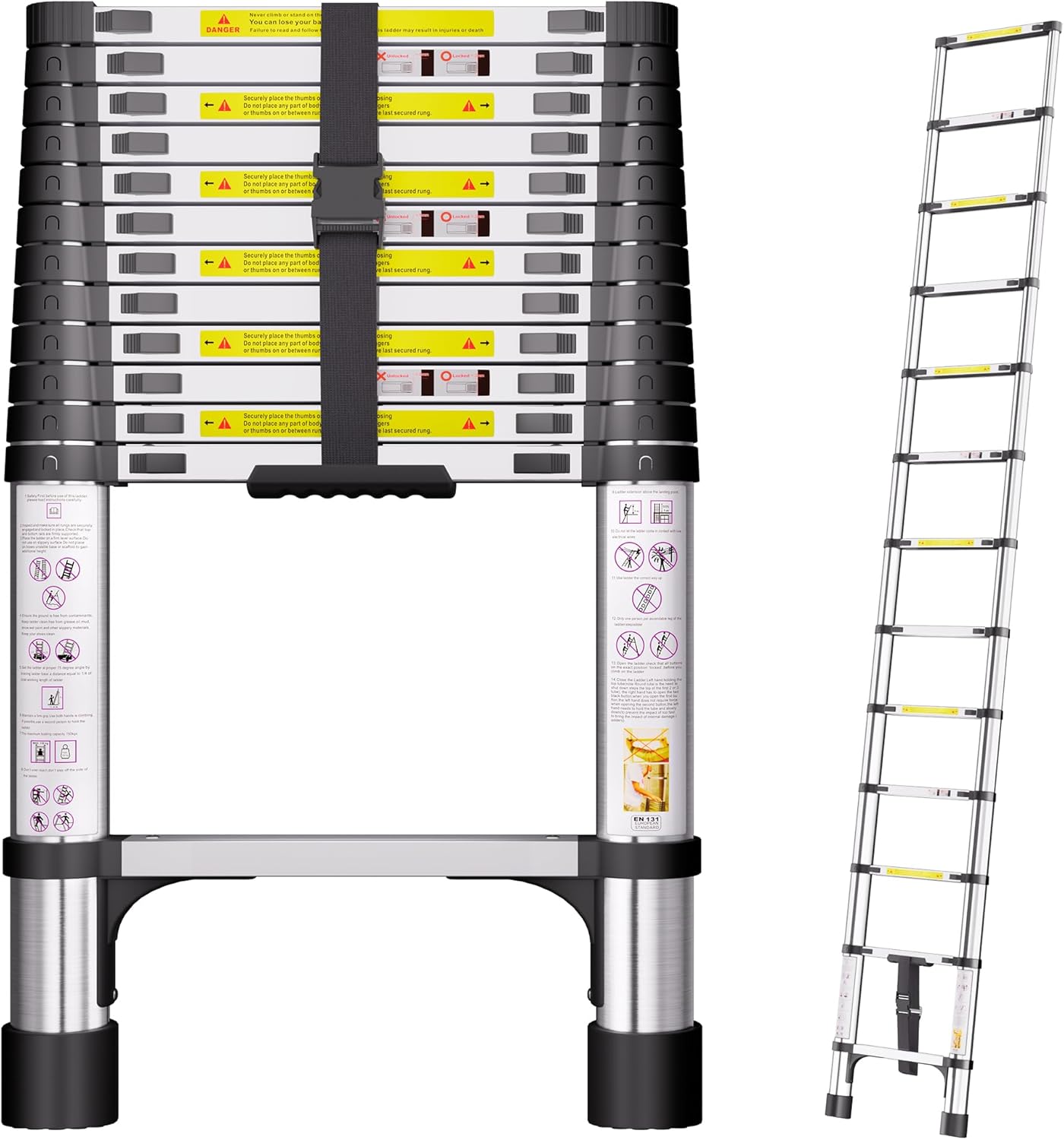 Telescopic Ladder, 3.8M Stainless Steel Loft Ladder with Non-Slip Feet and Triangle Support, Portable Ladders Extendable Thickened High-Strength, Ladders for Roof Attic Caravans