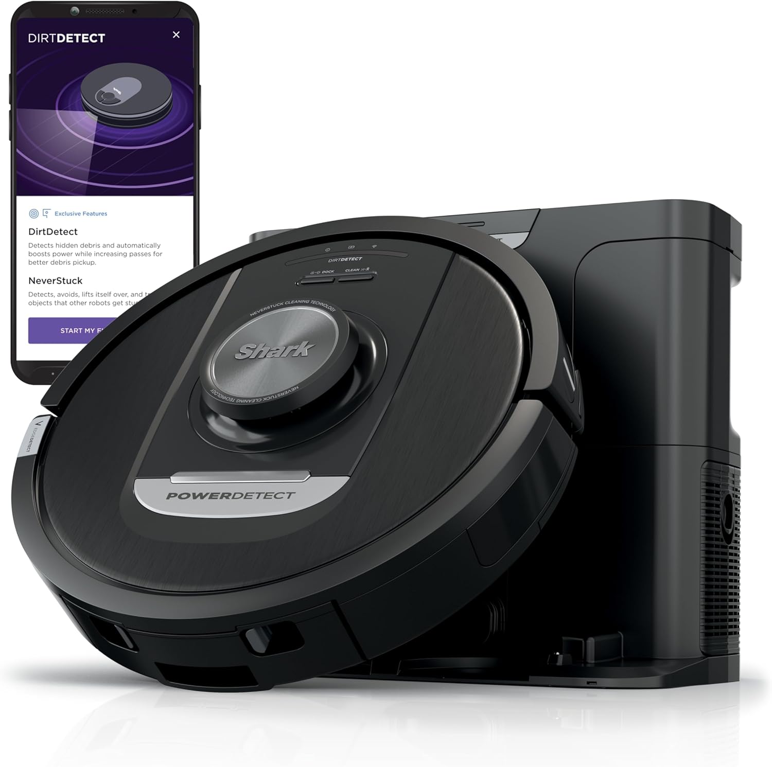 Shark PowerDetect Self-Empty Robot Vacuum with NeverStuck Technology, Auto Deep-Clean Carpets & Hardfloors, 30 Day Capacity HEPA Bagless Base, for Pet Hair, WiFi Black, AV2820S
