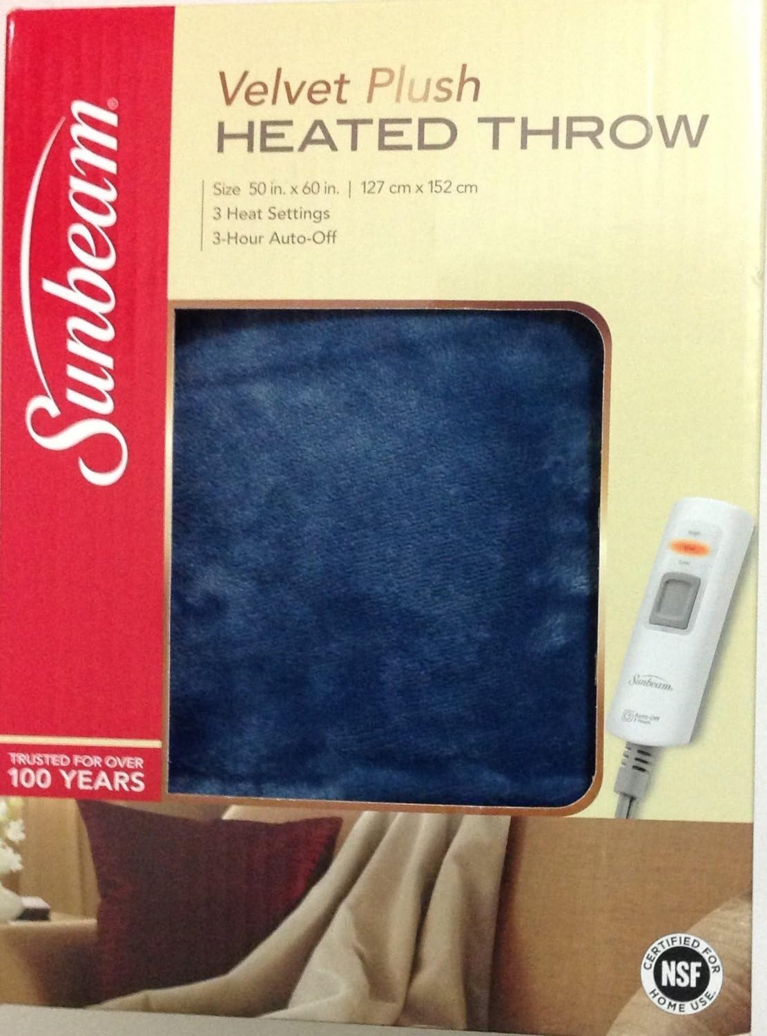 Sunbeam Electric Heated Velvet Plush Throw Blanket 3-Heat Settings Auto Shut-Off Control Machine Washable (Royal Blue)