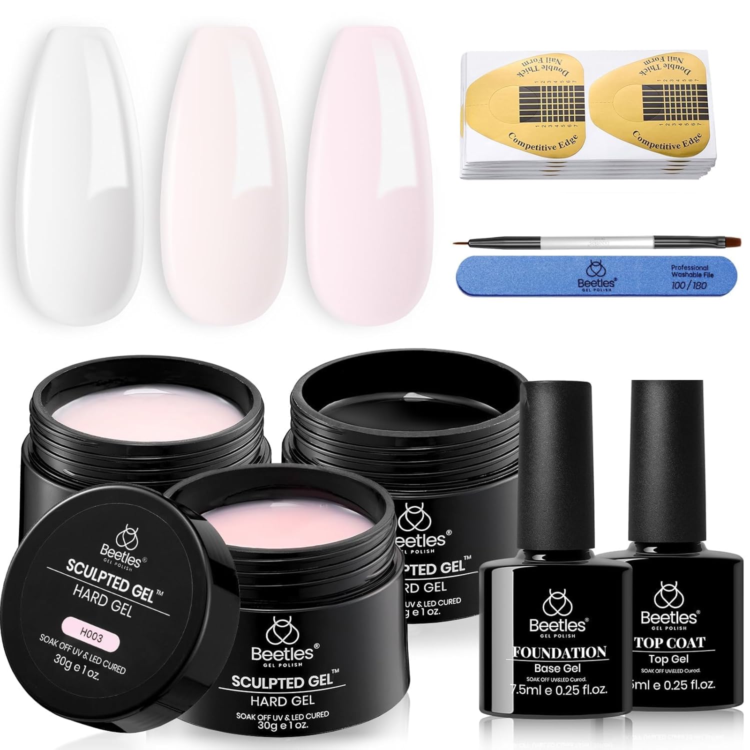 Beetles Builder Gel for Nails-10 in 1 30g *3 Colors Builder Nail Gel Kit Nail Extension Clear Nude Pink Hard Gel Sculpted Gel with Base Top Coat Nail Forms Nail Pen Nail Art Manicurist Gift for Women