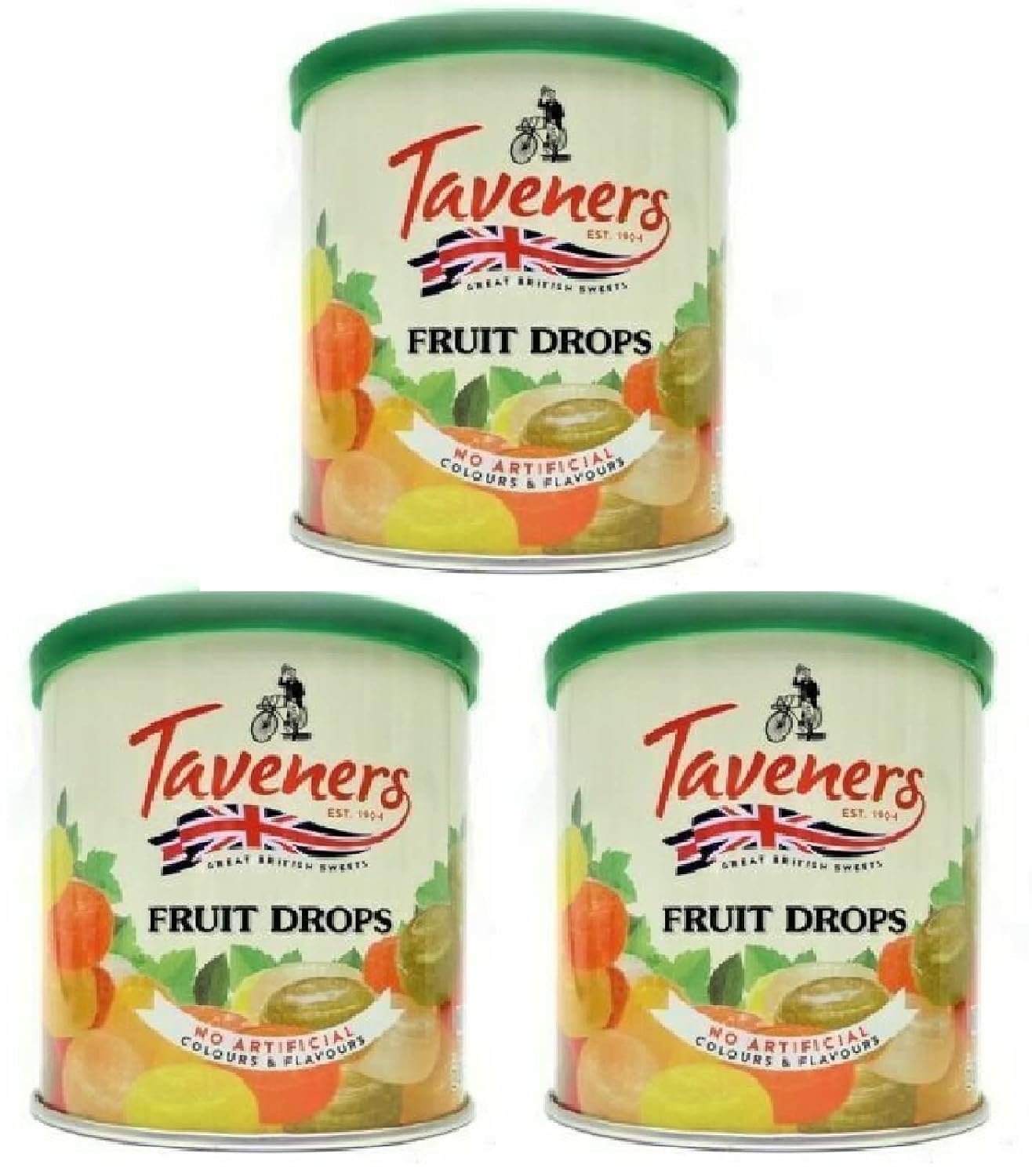 Taveners Fruit Travel Sweets Drops 200g tin, (7.05 Ounce) - 3 pack